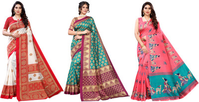 YASHIKA Printed, Woven Kanjivaram Art Silk Saree(Pack of 3, Red, Blue, Pink)