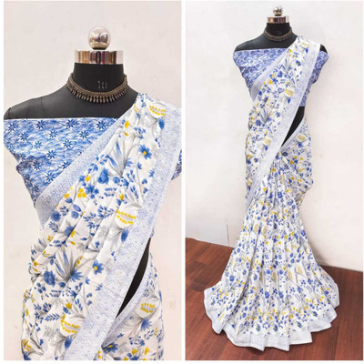 jihana fab Printed Banarasi Chiffon Saree(Blue)