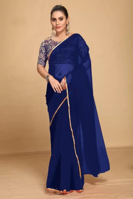JV ENTERPRISE Striped Bollywood Chiffon Saree(Blue)
