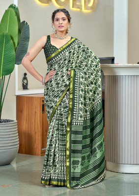Divastri Printed Chanderi Cotton Blend Saree(Green)
