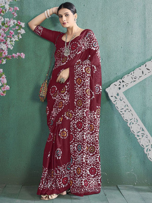Anouk Rustic Printed Hand Batik Cotton Blend Saree(Maroon)