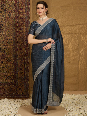 Sareemall Embroidered Bollywood Chiffon Saree(Dark Blue)