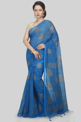 Mystory Blocked Printed Daily Wear Handloom Cotton Silk Saree(Light Blue)