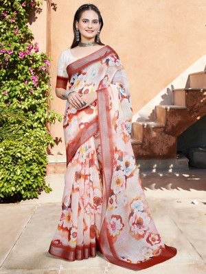 Sareemall Digital Print Hand Batik Cotton Linen Saree(Beige)