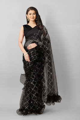 VANDU CREATION Embroidered Bollywood Supernet Saree(Black)