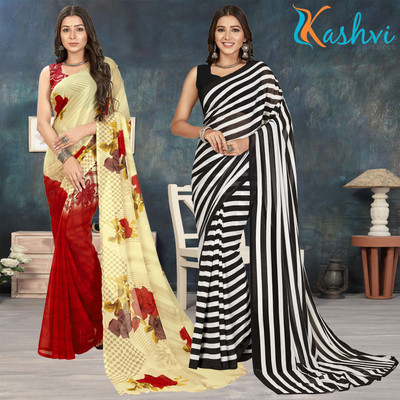 kashvi sarees Floral Print Daily Wear Georgette Saree(Pack of 2, Pink, Beige, Multicolor)