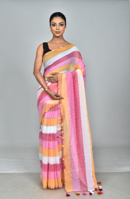 SARATHITEXTILE Checkered Handloom Cotton Blend Saree(White)