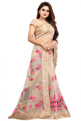 RADHE ENTERPRISE Embroidered Bollywood Net Saree(Cream)