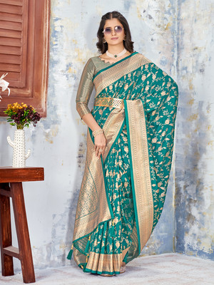 Mehrang Self Design Banarasi Cotton Blend Saree(Green)