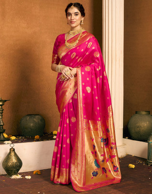 Samah Woven, Embellished Paithani Silk Blend, Jacquard Saree(Pink)