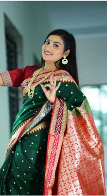 Cirkirow Embroidered Narayanpet Handloom Satin Saree(Dark Green)
