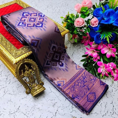 Deepkala Designer Woven, Printed Kanjivaram Silk Blend Saree(Purple, Dark Blue)