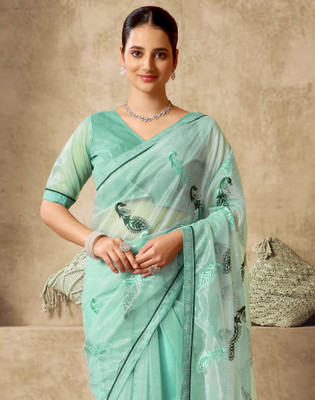 Satrani Embellished, Embroidered Bollywood Net, Lace Saree(Blue)