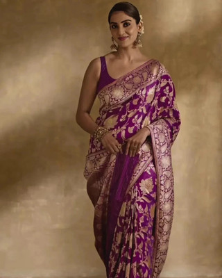 Bindi Floral Print Banarasi Jacquard, Art Silk Saree(Purple)