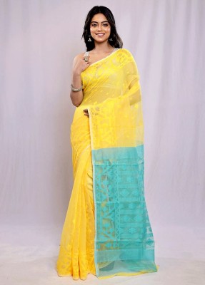 RIDDHIMAN FASHION Self Design Jamdani Cotton Blend Saree(Yellow)