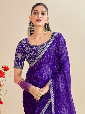 Meet Trendz Embroidered Bandhani Chiffon Saree(Purple)