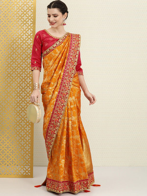 House of Pataudi Woven Daily Wear Silk Blend Saree(Yellow)