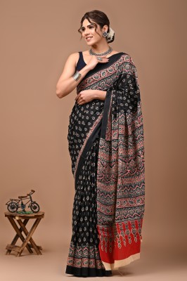 Crafts Moda Floral Print Handloom Pure Cotton Saree(Black)