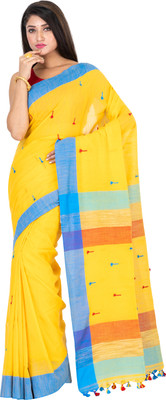 SAYAN CREATION Self Design Handloom Pure Cotton Saree(Yellow, Blue)