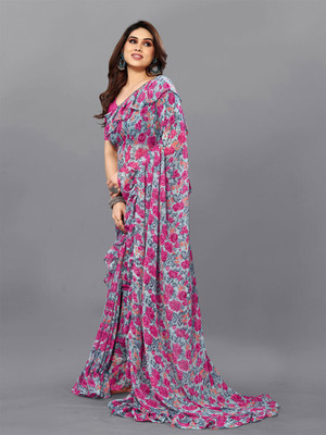 ANOUK Printed Saree with Attached Blouse Georgette Saree(Blue)