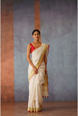 Hatha Karagha Solid/Plain Bhagalpuri Cotton Linen Saree(White)