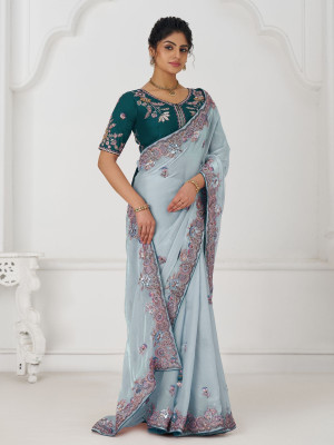 odette Embroidered Saree with Attached Blouse Silk Blend Saree(Blue)