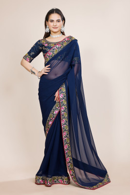 DRIZOMIZ Self Design Bollywood Georgette Saree(Dark Blue)