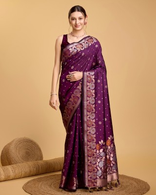 Orus Woven, Floral Print Banarasi Pure Silk Saree(Purple)