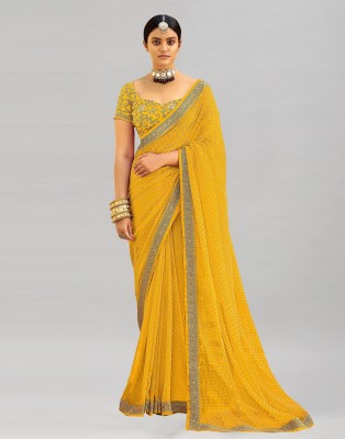 Samah Printed, Embroidered, Embellished Bollywood Georgette, Chiffon Saree(Gold, Yellow)