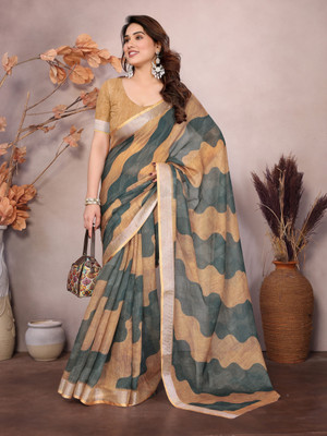 Soor Panchi Digital Print Paithani Cotton Linen Saree(Mustard)