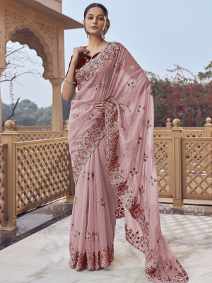 odette Embellished Saree with Attached Blouse Georgette Saree(Pink)