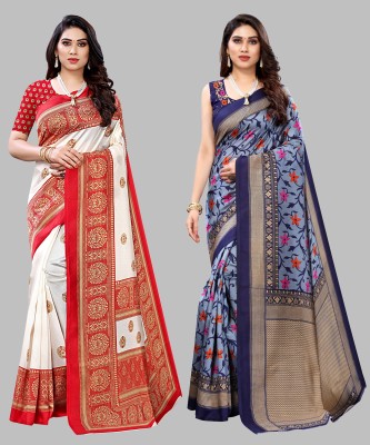 ANIRAV Printed, Paisley, Floral Print Mysore Art Silk Saree(Pack of 2, Red, Blue)