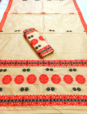 Fancy Store Temple Border Mekhela Chador Art Silk Saree(Cream)