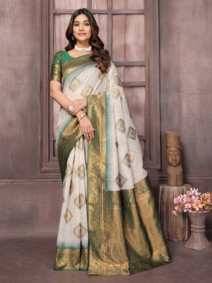 Janasya Woven, Self Design Kanjivaram Cotton Blend Saree(Green, White)