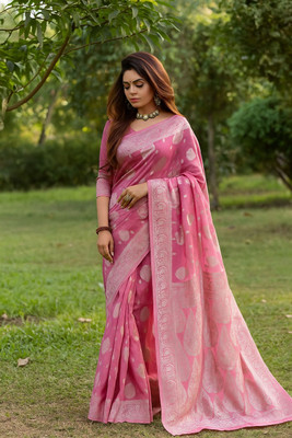Moda Rapido Woven Banarasi Cotton Blend Saree(Pink)