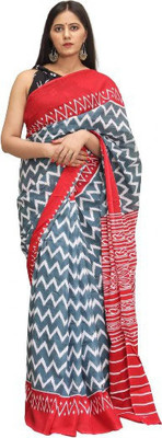 Clothonus Printed Ikkat Pure Cotton Saree(Grey)