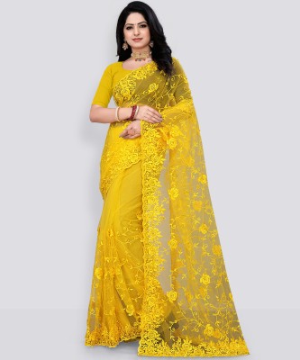 usharvi Self Design, Embroidered Bollywood Net Saree(Yellow)