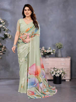 UCREATATION Floral Print Bollywood Jimmy choo Saree(Light Green)