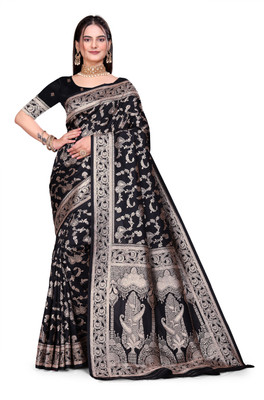 GHODTEXTILE Woven, Self Design, Floral Print, Temple Border Banarasi Pure Silk Saree(Black)
