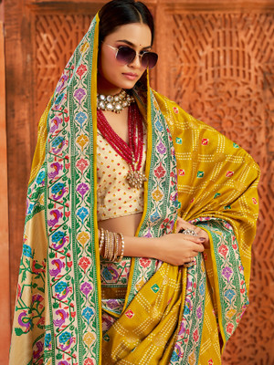 Sareemall Printed Bandhani Tussar Silk Saree(Yellow)