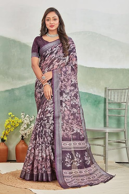 havya creation Printed Banarasi Linen Saree(Multicolor)