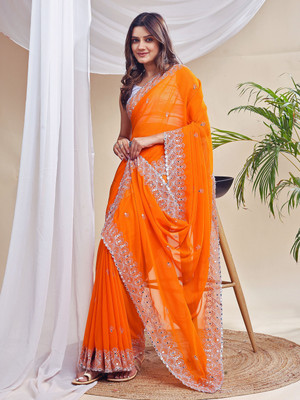 HESVI Embellished Bollywood Georgette Saree(Orange)