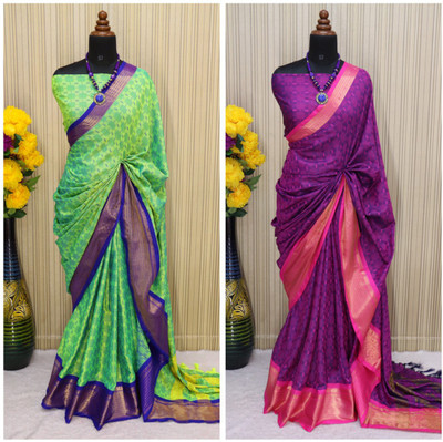 VRINDITA FASHION Woven Mysore Jacquard, Cotton Silk Saree(Pack of 2, Pink, Light Green)
