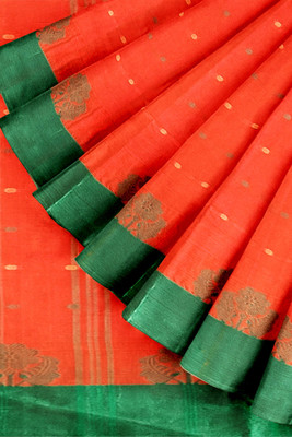 PRANATI ENTERPRISE Self Design Tant Pure Cotton Saree(Orange, Green)