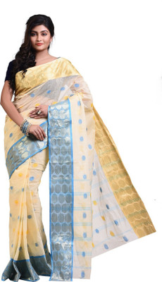 crochetin Woven Tant Handloom Pure Cotton Saree(Gold, Blue, Yellow)