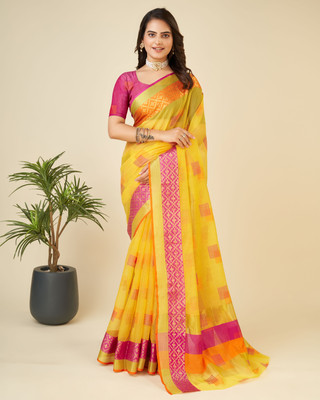 VERAFASHION Woven Bollywood Cotton Blend Saree(Yellow)