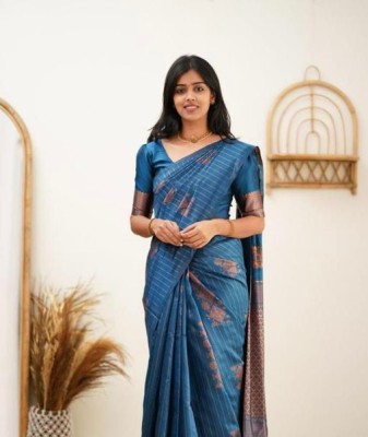 SHREE GHANSHYAM FASHION Embellished, Self Design, Printed, Woven Bollywood Cotton Silk, Jacquard Saree(Light Blue)