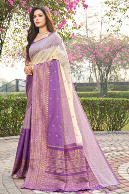 ROOP LAVANYA Woven Kanjivaram Pure Silk Saree(Cream, Purple)