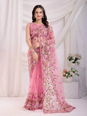 RegalDrapes Floral Print Bollywood Net Saree(Pink)