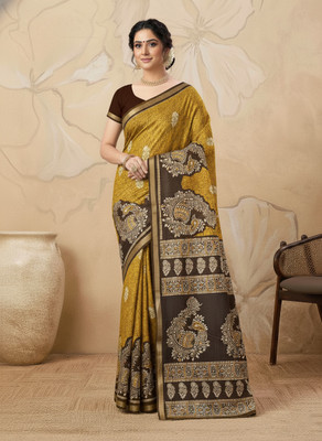 RegalDrapes Paisley, Printed Kalamkari Cotton Silk Saree(Mustard, Brown)